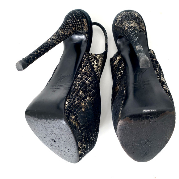 Giuseppe Zanotti Embossed Snakeskin Platform Pump Slingback Gold Black Peep 35 - Picture 8 of 9